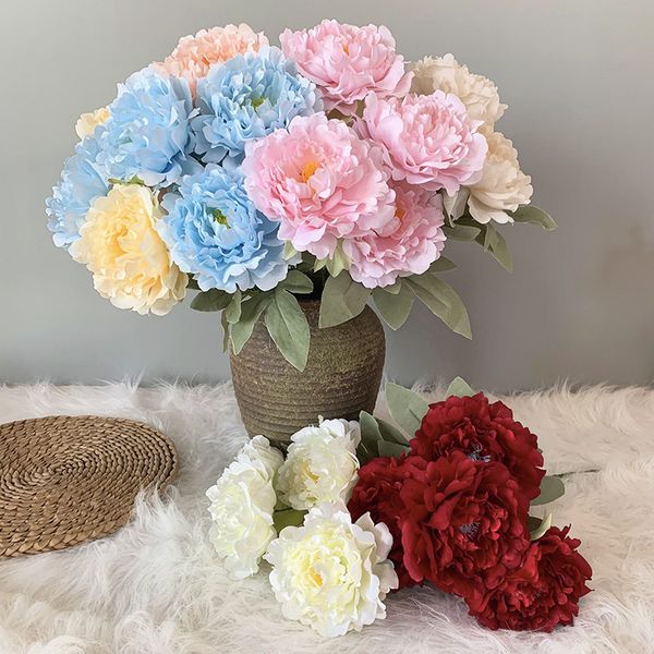 Fleurs de pivoine en fausse soie, 5 Branches, rouge, rose, Champagne, pour centre de Table, décoration de maison, fête de mariage