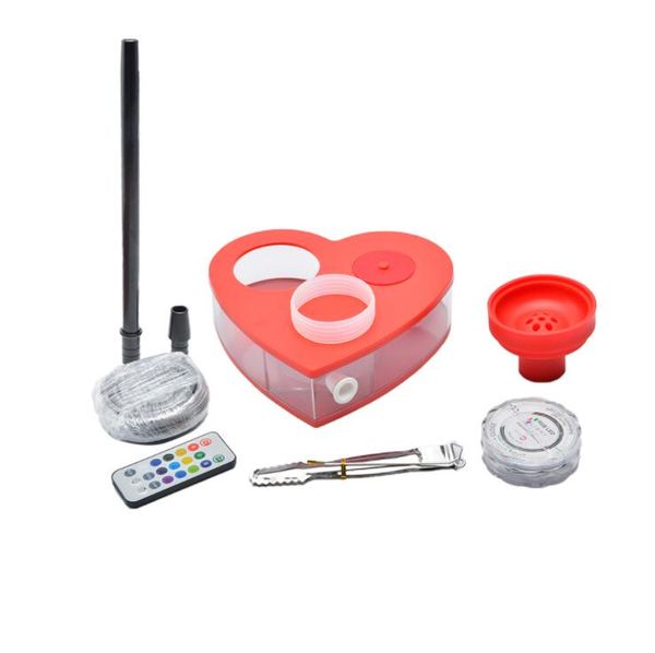 5 couleurs ensemble Portable acrylique forme de coeur narguilé Shisha eau Bong Kit tuyaux de tabac bol en Silicone tuyau pinces lumière LED à distance