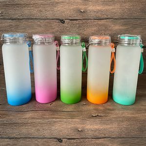 5 kleuren 17 oz sublimatie blanco glazen kopjes rechte tuimelaar water fles matgradiënt kleur drinkware matte glazen tuimelaars mokken met doppen siliconen handgrepen