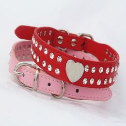 5 kleuren 4 maten Dubbel Gezicht Strass Dog Collars PU Lederen Twee Lijn Wit Strass met Silvery Heart Dog Collars Stop Blaffen