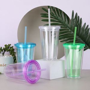 Tasses en plastique transparentes de 450ml, 5 couleurs, gobelet d'été réutilisable pour boisson froide, tasse de jus de café avec couvercle et paille