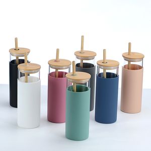 500 ml 17 oz gobelet en verre tasses à bec voyage bouteille d'eau droite avec pailles manchon de protection en silicone couvercles en bambou sans BPA 7 couleurs