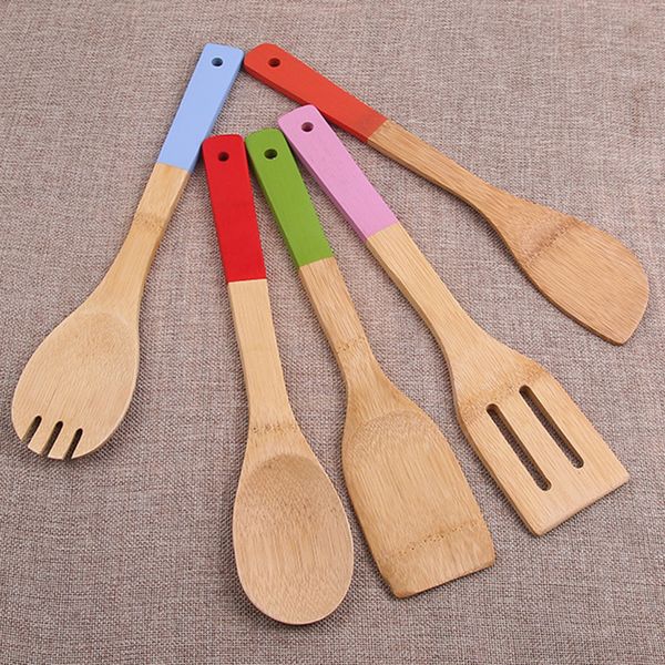 Espátula De Cuchara De Bambú De 5 Colores, Pala Antiadherente De Madera Portátil, Cuchara De Sopa, Cocina, Espátula Ranurada, Soporte Para Mezclar, Palas, Espátula De Cuchara Antiadherente