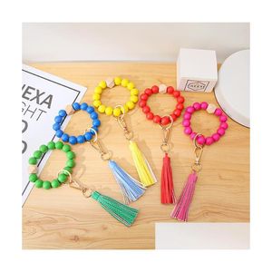 5 couleurs mode couleur pure motif perles de bois bracelets porte-clés envelopper glands bracelet porte-clés bracelet rond porte-clés par livraison directe