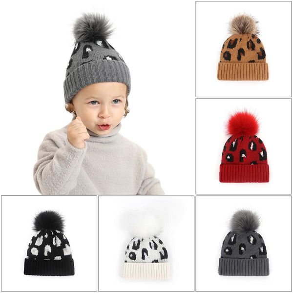 5 couleurs INS bébé enfants garçons filles bonnets hiver léopard Crochet Poms chapeaux qualité unisexe nouveau-né casquettes pour 1-6 ans
