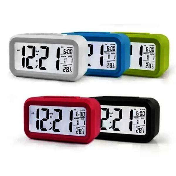 5 couleurs en plastique réveil muet LCD température intelligente mignon photosensible chevet réveils numériques Snooze veilleuse calendrier