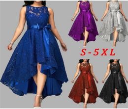 5 couleurs plus taille 5xl femmes robe de fête en dentelle Joints à haute teneur en chute irrégulière robe rond coulènes sans manches vestidos T6092482