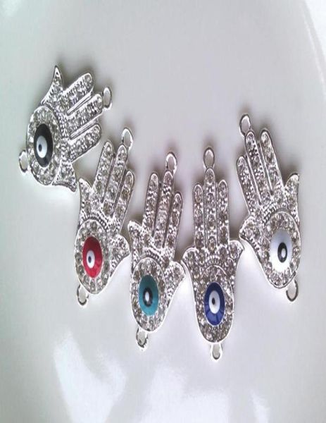 5 couleurs Argent Plaqué Alliage Cristal Côté Mauvais Oeil Main Hamsa Bracelet Connecteurs Bracelet Charms Bijoux Trouver amp Compon9248979