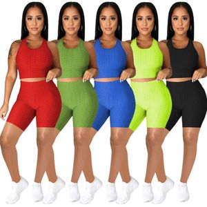 5 couleurs d'été femmes survêtements tenues de yoga unies ensembles 2 pièces t-shirt sans manches + shorts vêtements de sport de mode costumes de jogging couleur unie