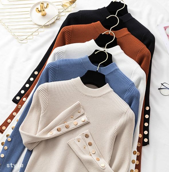 5 colores Suéteres para mujer Casual Otoño Invierno Mujeres Suéter grueso Jerséis Manga larga Botón O-cuello Chic Mujer Slim Knit Top Soft Jumper Tops