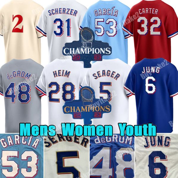 Maillot d'or personnalisé 2024 Adolis Garcia Corey Seager Baseball Evan Carter Texas Max Scherzer Josh Jung Marcus Semien Rangers Gris Eovaldi Jacob deGrom Wyatt Langford