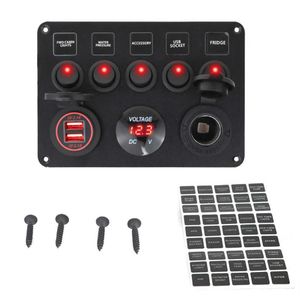 Panneau de commutateur de bateau à 5 gangs Panneau de commutateur de voiture Voltmètre numérique étanche Double port USB Combinaison de sortie 12V Marine LED Rocker Car267E