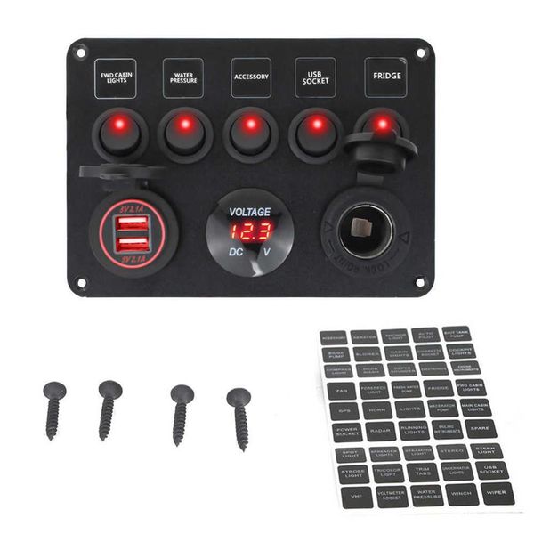 Panneau de commutateur de bateau à 5 gangs Panneau de commutateur de voiture Voltmètre numérique étanche Double port USB Combinaison de sortie 12V Marine LED Rocker Car2976