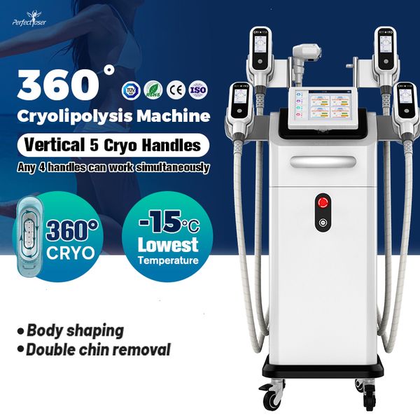 Machine de traitement de cryolipolyse à 5 poignées à double menton à 360 ° Non invasive à basse température Aspirateur froid froid Cryo thérapie Graisse Gel Perte de poids Machines amincissantes