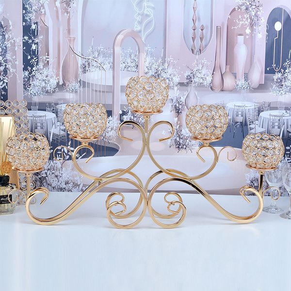 Candelabro de Metal de 5 cabezales, candelabro chapado en oro y plata, candelabros de mesa de cristal, decoración de centros de mesa para boda, Hotel y hogar