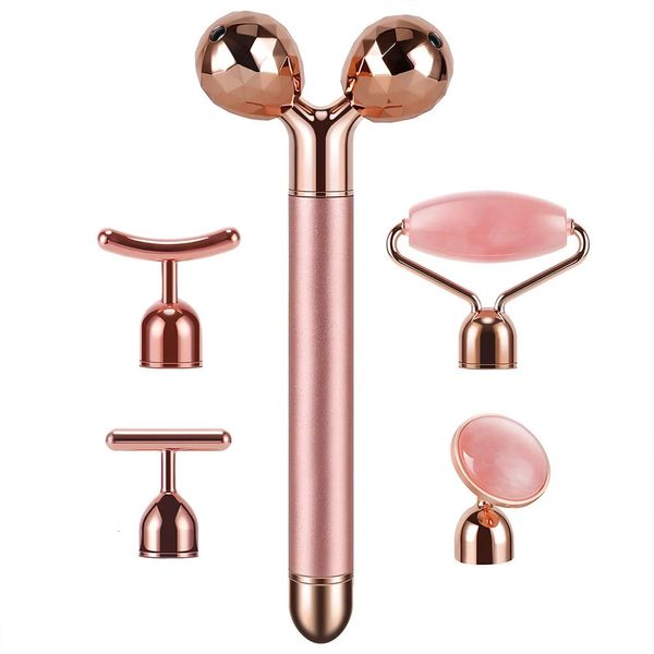 5-en-1 24K Gold Beauty Wand Masajeador facial Vibrador eléctrico Cuarzo rosa Rodillo 3D Levantamiento facial Cuerpo Gua Sha Jade Roller 240219