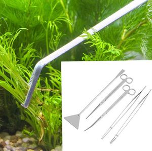 Juego de herramientas para acuario 5 en 1, tijeras curvas de acero inoxidable, pinzas de 27 cm para peceras grandes, herramienta de limpieza de plantas acuáticas, 60 juegos por lote SN2685