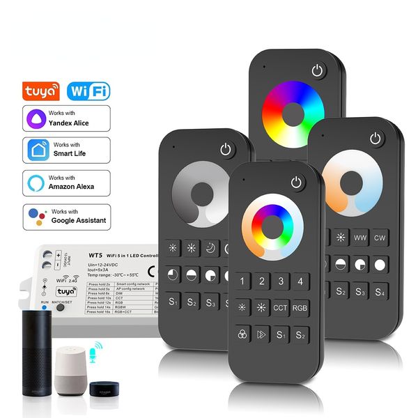 Contrôleur de bande LED 5 en 1, 12V 24V DC, Tuya Smart Life, WIFI 2.4G RF, télécommande WT5 pour lumière DIM RGB CCT RGBW RGBWW RGBCCT