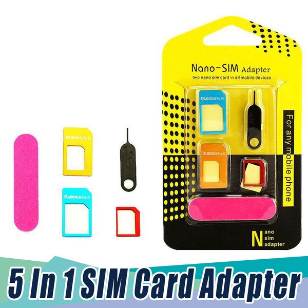 Adaptateurs de carte Nano Sim 5 en 1 + Micro Sim régulier + Outils de carte SIM standard pour iPhone XS X 8 7 6s 6Plus Retail Box 500pcs / lot