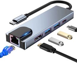 Station d'accueil adaptateur Multiport Hub USB C 5 en 1 avec HDMI 4K RJ45 Ethernet 100W PD Compatible pour IPad Pro/Mini