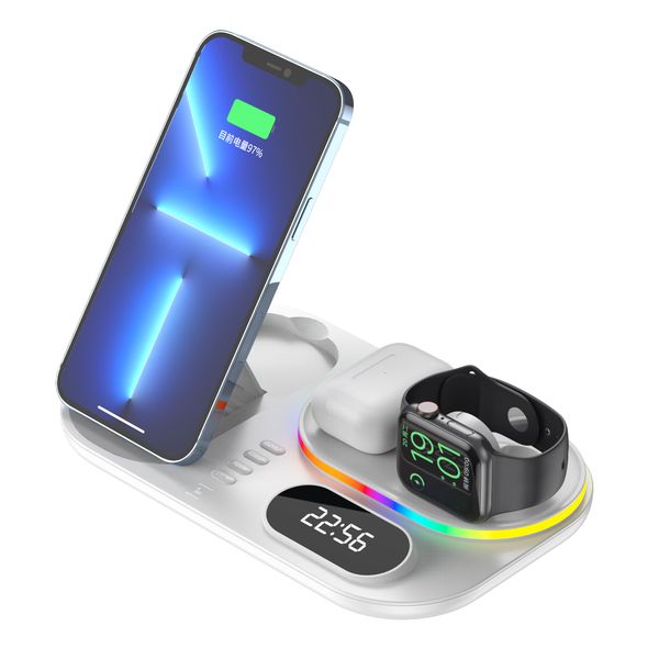 Support de chargeurs sans fil 5 en 1 avec affichage de l'heure du réveil Station de charge sans fil 15W pour montre intelligente écouteur de téléphone portable