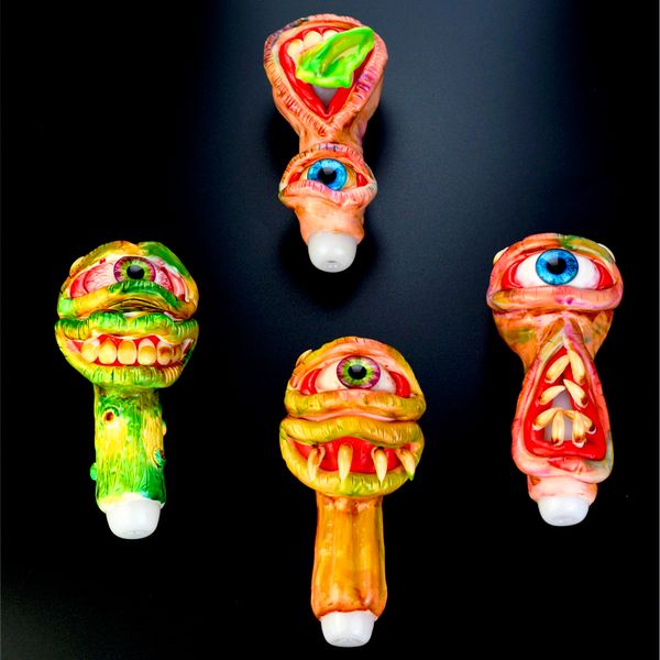 Pipa de fumar Monster Glass de 5 pulgadas que brilla en la oscuridad Pipas de tabaco únicas Coleccionables hechos a mano Cool Tazón de humo Soplado a mano Evil Gift