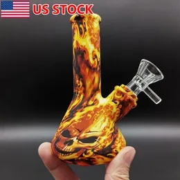 5 pouces Silicone Bong Narguilé Flamme Crâne Imprimé Pipe À Eau Bong + Bol