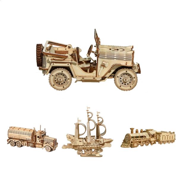 5 sortes de puzzles en bois jouets bricolage blocs faits à la main artisanat assemblage 3D Autocycle camions voiture navires bureau décoration pour enfants enfant 240122