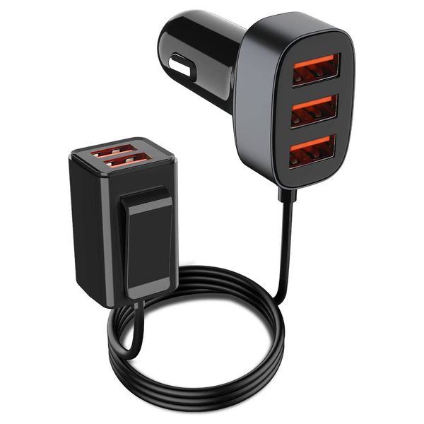 Chargeur de voiture ultra rapide 5 ports 66 W, adaptateur allume-cigare USB QC 3.0 avec câble de 5 pieds/1,5 m, compatible pour iPhone Samung iPad