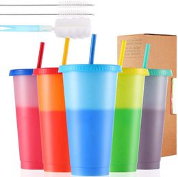 5 Pack 24oz herbruikbare tuimelaar met deksels en rietjes BPA GRATIS Magic Colored Tumbler met Straw Cleaner en Spons Reinigingsborstel