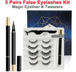 5 paires faux cils eyeliner liquide et pichets kit pas de colle de cils non magnétiques naturels réutilisables cils de vison collant eyeliner7633268