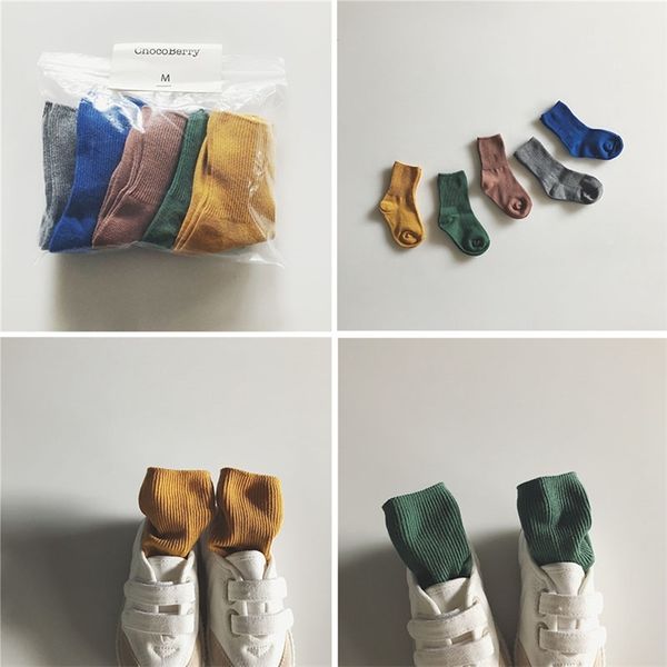 5 pares/lote. Calcetines de tubo sólido de estilo coreano para niños pequeños, calcetines hermosos para niñas pequeñas de calidad para niños de todas las estaciones 210619