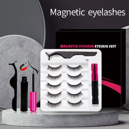 5 paires de faux cils magnétiques Set Réutilisation Eyeliner Liquide Magnétique Imperméable Hybride avec Pince à Épiler Outils de Beauté Accessoires de Maquillage LT0075