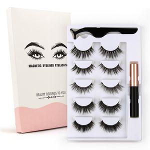 5 pares de delineador de ojos líquido magnético y pestañas postizas con pinzas Juego de pestañas postizas Imán de pegamento gratis Caja blanca Maquillaje natural 3D Pestañas al por mayor