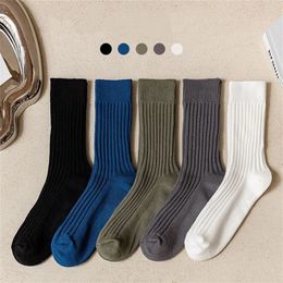 5 paires couleur unie rayure verticale affaires hommes chaussettes coton haute qualité épais mâle mi Tube Long printemps hiver Sokken 240112