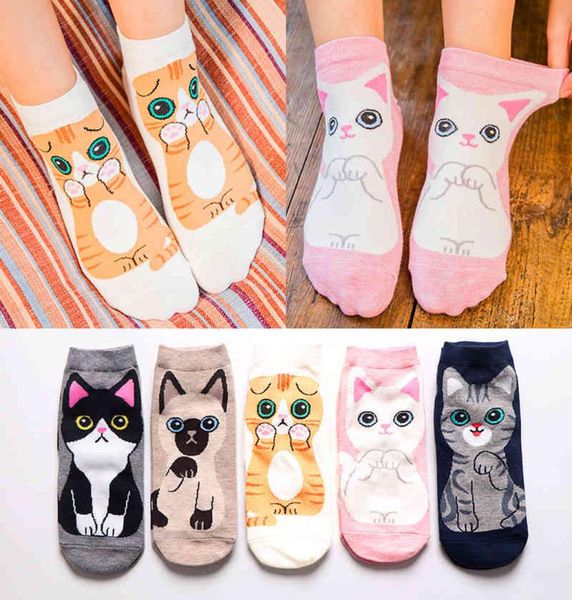 5 pares primavera otoño moda mujer calcetín de algodón dibujos animados hola gatito gato cachorro perro Harajuku Kawaii linda chica feliz calcetines divertidos 4567685