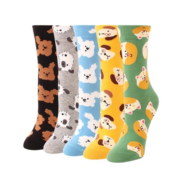 5 pares de calcetines de dibujos animados para mujer Color sólido Shiba Inu Beagle Pug patrón calcetín de algodón para mujer Color rompecabezas calcetines felices mujer 211204