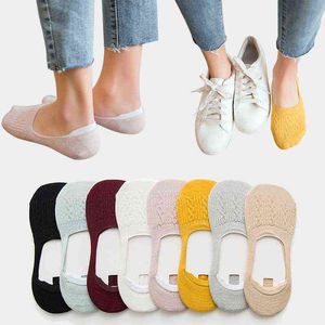 5 paires femmes coton coupe basse chaussettes solide flocon de neige Softable été Silicone antidérapant bouche profonde prévenir la perte de talon chausson chaussettes Y1119