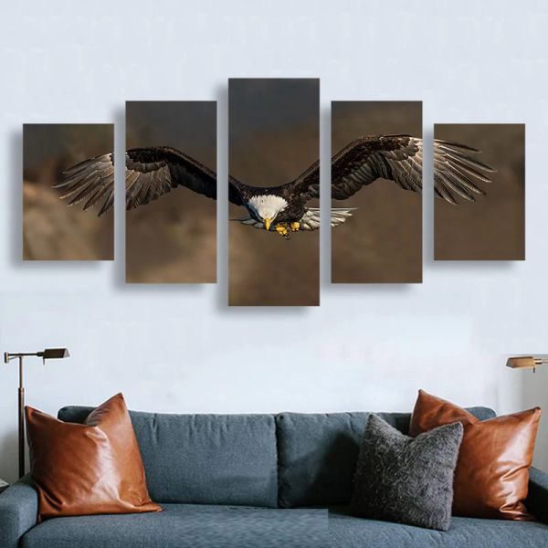 Toile de peinture volante d'aigle chauve à 5 panneaux, images murales, affiches et imprimés d'animaux pour salon, décoration de bureau Cuadros