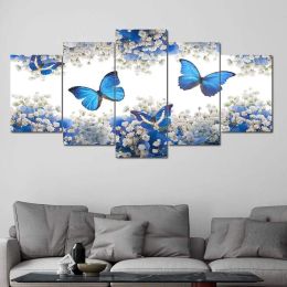 Toile de peinture de papillon bleu à 5 panneaux, affiches et imprimés de fleurs blanches, images de champ Floral pour décoration de salon, Art mural