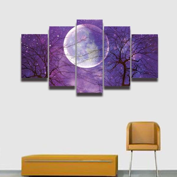 5 panneaux toile peinture lune violet paysage imprime modulaire photo affiche œuvre pour mur art décor à la maison salon chambre 259I