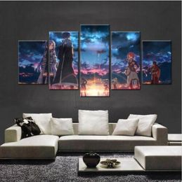 5 Panel Canvas Schilderij Zwaard Art Online Geanimeerde Stripfiguren Modulaire Foto Decor Muur Foto 'S Voor Woonkamer5916077