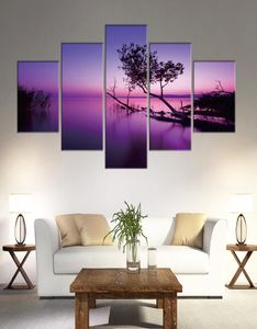 Toile de peinture murale à 5 panneaux, cadre d'art imprimé, paysage de ciel violet, affiche photo d'arbre pour décoration de maison, 7995178
