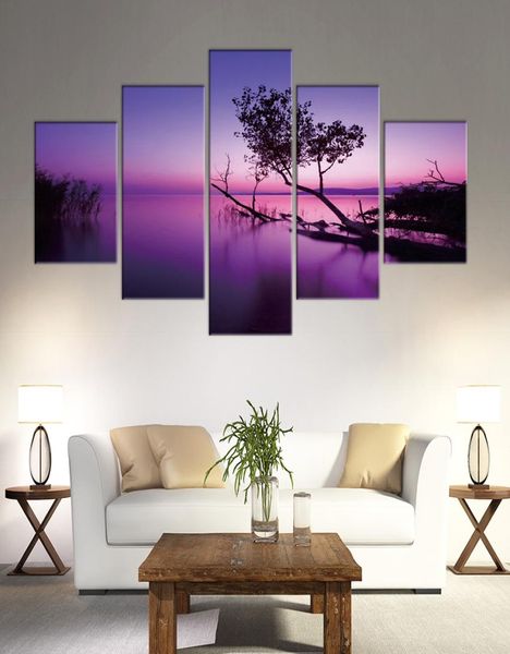 Cuadro en lienzo de 5 paneles, impresiones de marco de arte de pared, paisaje de cielo púrpura, imagen de árbol, póster para decoración del hogar 7995178