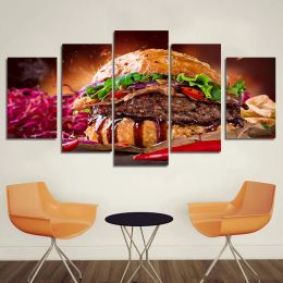 5 panneaux de hamburgers de bœuf au fromage, images HD, peinture sur toile, affiches de délicieux hamburgers de restauration rapide pour salle à manger, décor mural Quadro