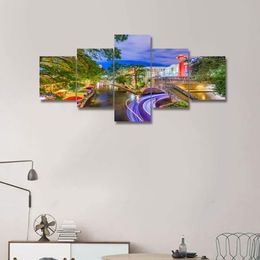 5 panel Cityscape San Antonio Alamo River River Walk Street The City Oil Canvas Art Hd Print Sala Decor 5 piezas