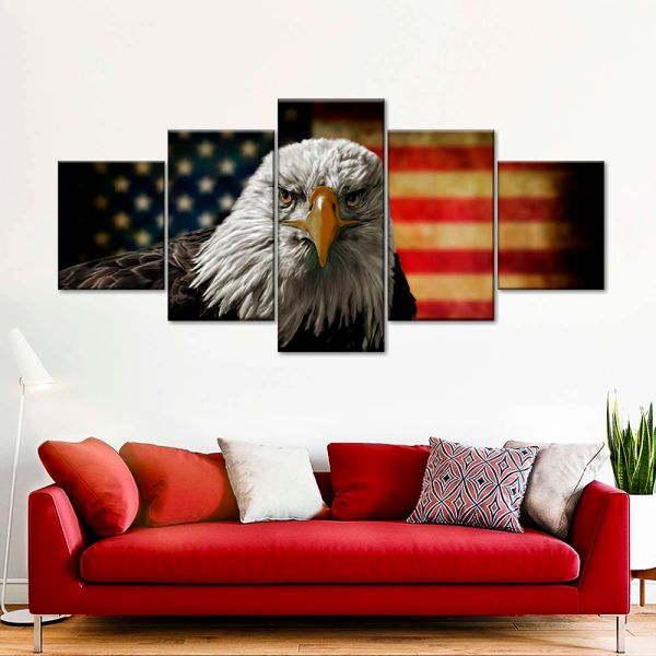 5 panel Eagle American Bald Eagle Flag Arte de pared Canvas de pintura Póster de águila animal para sala de estar Decoración del hogar Sin marco