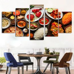 Toile de peinture sur toile de spécialités de Cuisine indienne, 5 panneaux, affiches alimentaires traditionnelles de soupe indienne, imprimés pour décoration murale de salon et de Cuisine