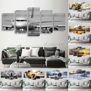 5 Paneel Jet Airplane Wall Art Passenger Aviation Plane Canvas schilderen Travelvliegtuigen voor woonkamer Decoratie geen frame