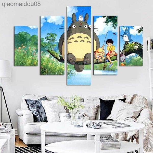 5 paneles modernos Miyazaki Hayao Totoro arte HD impresión Modular pared pintura póster imagen para habitación de niños pared de dibujos animados Cuadros decoración L230704